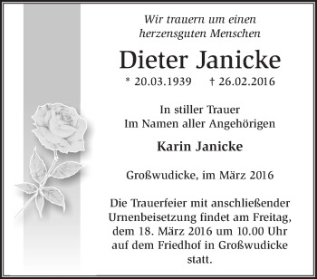 Traueranzeige von Dieter Janicke von Märkische Oderzeitung