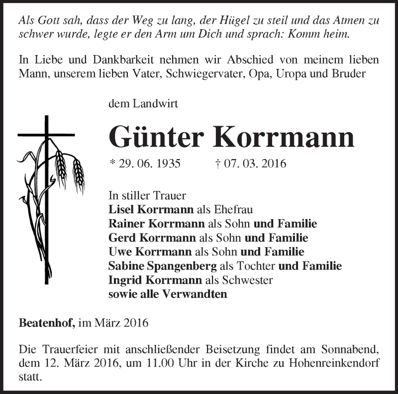  Traueranzeige für Günter Korrmann vom 10.03.2016 aus Märkische Oderzeitung