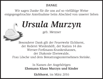 Traueranzeige von Ursula Murzyn von Märkische Oderzeitung