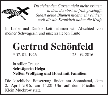 Traueranzeige von Gertrud Schönfeld von Märkische Oderzeitung