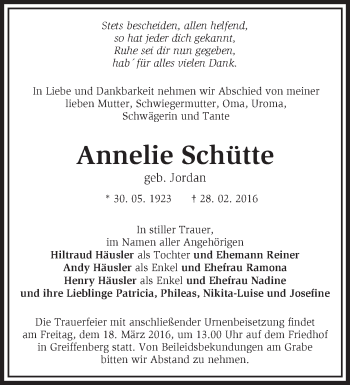 Traueranzeige von Annelie Schütte von Märkische Oderzeitung