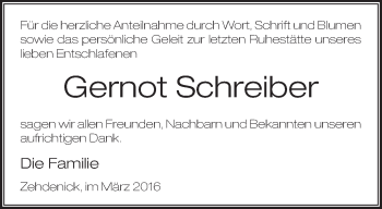 Traueranzeige von Gernot Schreiber von Märkische Oderzeitung