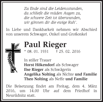 Traueranzeige von Paul Rieger von Märkische Oderzeitung