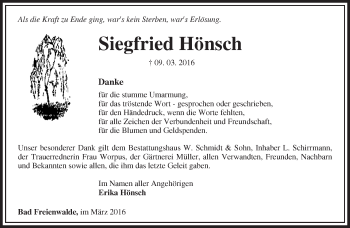 Traueranzeige von Siegfried Hönsch von Märkische Oderzeitung