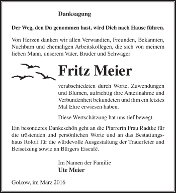 Traueranzeige von Fritz Meier von Märkische Oderzeitung