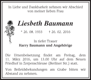 Traueranzeige von Liesbeth Baumann von Märkische Oderzeitung