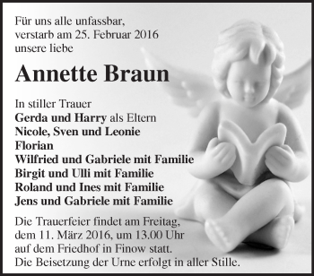 Traueranzeige von Annette Braun von Märkische Oderzeitung