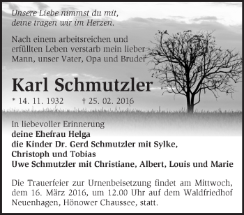 Traueranzeige von Karl Schmutzler von Märkische Oderzeitung