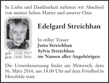 Traueranzeige von Edelgard Streichhan von Märkische Oderzeitung