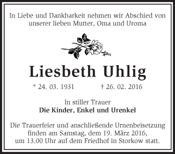 Traueranzeige von Liesbeth Uhlig von Märkische Oderzeitung