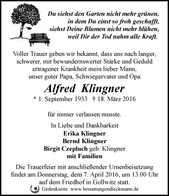 Traueranzeige von Franz Klingner von Märkische Oderzeitung