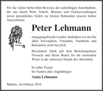 Traueranzeige von Peter Lehmann von Märkische Oderzeitung