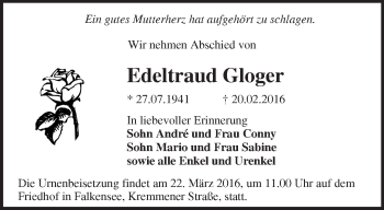 Traueranzeige von Edeltraud Gloger von Märkische Oderzeitung