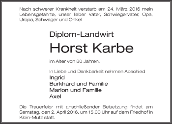 Traueranzeige von Horst Karbe von Märkische Oderzeitung