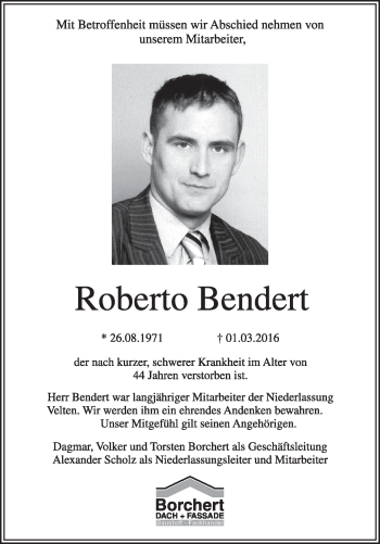 Traueranzeige von Roberto Bendert von Märkische Oderzeitung