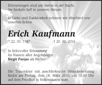 Traueranzeige von Erich Kaufmann von Märkische Oderzeitung