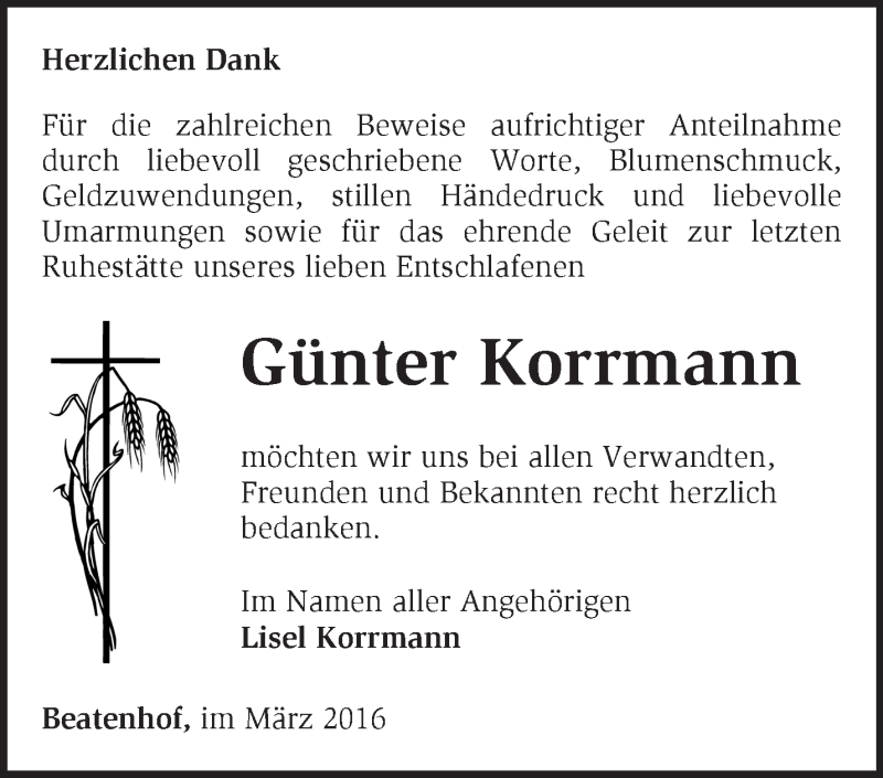  Traueranzeige für Günter Korrmann vom 27.03.2016 aus Märkische Oderzeitung