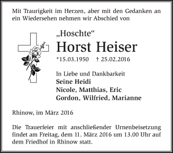 Traueranzeige von Horst Heiser von Märkische Oderzeitung