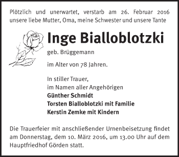 Traueranzeige von Inge Bialloblotzki von Märkische Oderzeitung