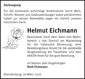 Traueranzeige von Helmut Eichmann von Märkische Oderzeitung
