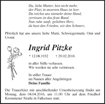 Traueranzeige von Ingrid Pitzke von Märkische Oderzeitung