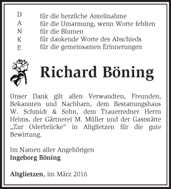 Traueranzeige von Richard Böning von Märkische Oderzeitung