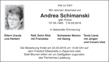 Traueranzeige von Andrea Schimanski von Märkische Oderzeitung