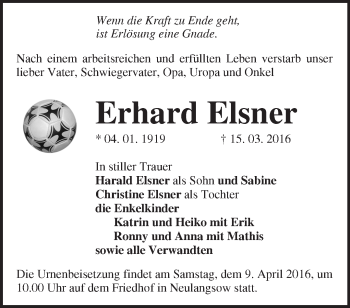 Traueranzeige von Erhard Elsner von Märkische Oderzeitung