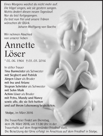 Traueranzeige von Annette Löser von Märkische Oderzeitung