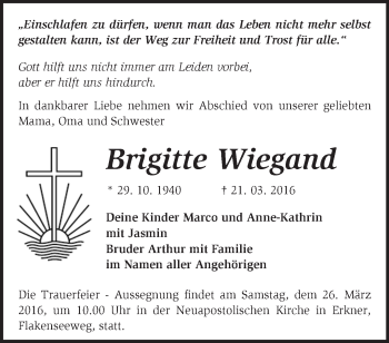 Traueranzeige von Brigitte Wiegand von Märkische Oderzeitung