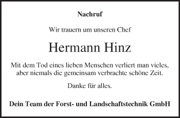 Traueranzeige von Hermann Hinz von Märkische Oderzeitung