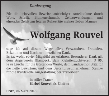 Traueranzeige von Wolfgang Rouvel von Märkische Oderzeitung