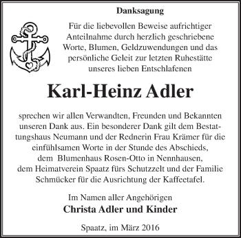 Traueranzeige von Karl-Heinz Adler von Märkische Oderzeitung