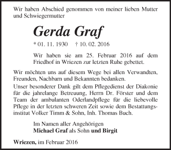 Traueranzeige von Gerda Graf von Märkische Oderzeitung