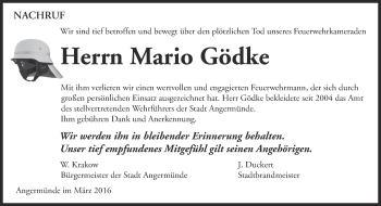 Traueranzeige von Mario Gödke von Märkische Oderzeitung