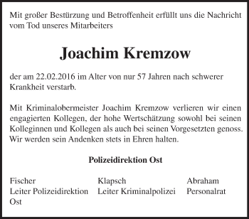 Traueranzeige von Joachim Kremzow von Märkische Oderzeitung