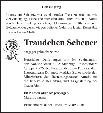 Traueranzeige von Waltraud Scheuer von Märkische Oderzeitung