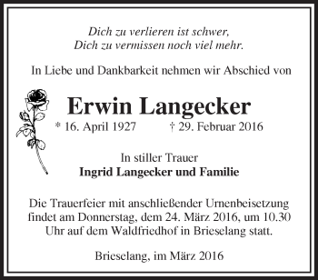Traueranzeige von Erwin Langecker von Märkische Oderzeitung