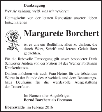 Traueranzeige von Margarete Borchert von Märkische Oderzeitung