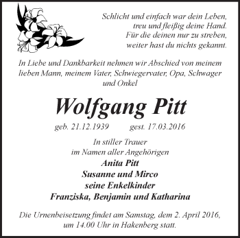 Traueranzeige von Wolfgang Pitt von Märkische Oderzeitung