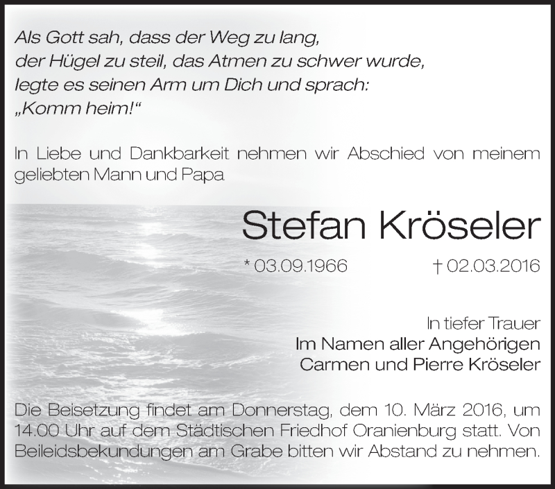  Traueranzeige für Stefan Kröseler vom 05.03.2016 aus Märkische Oderzeitung