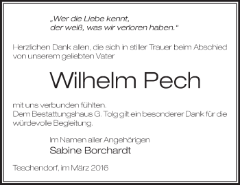 Traueranzeige von Wilhelm Pech von Märkische Oderzeitung