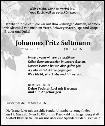 Traueranzeige von Johannes Fritz Seltmann von Märkische Oderzeitung