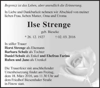 Traueranzeige von Ilse Strenge von Märkische Oderzeitung