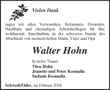 Traueranzeige von Walter Hohn von Märkische Oderzeitung