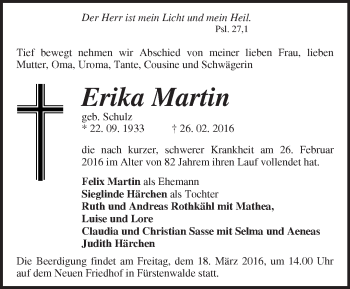 Traueranzeige von Erika Martin von Märkische Oderzeitung