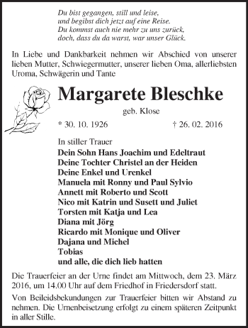 Traueranzeige von Margarete Bleschke von Märkische Oderzeitung