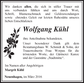 Traueranzeige von Wolfgang Kühl von Märkische Oderzeitung