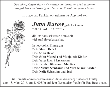 Traueranzeige von Jutta Burow von Märkische Oderzeitung