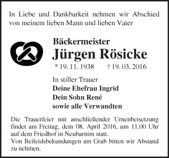 Traueranzeige von Jürgen Rösicke von Märkische Oderzeitung